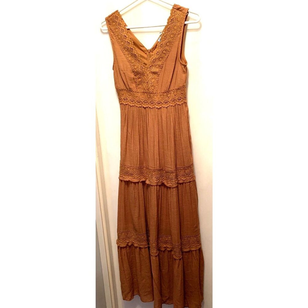 Rebellion Again Ruffled Boho Lace Maxi Dress Women Size XS Rust V-Neck Lined